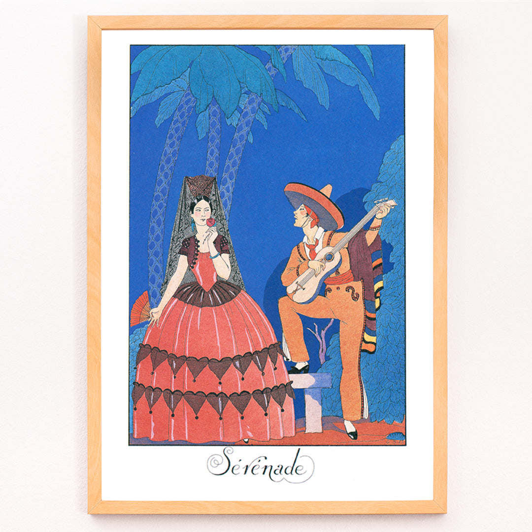 Closeup detail of Serenade by George Barbier man playing guitar for woman in elegant or Spanish dress under palm trees romantic art poster