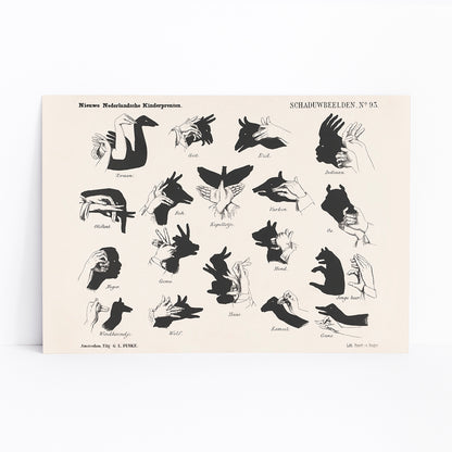Vintage hand shadow puppet illustrations and animal shapes poster from Shadow Hands by George Lodewijk Funke artwork, framed and displayed in modern living room decor