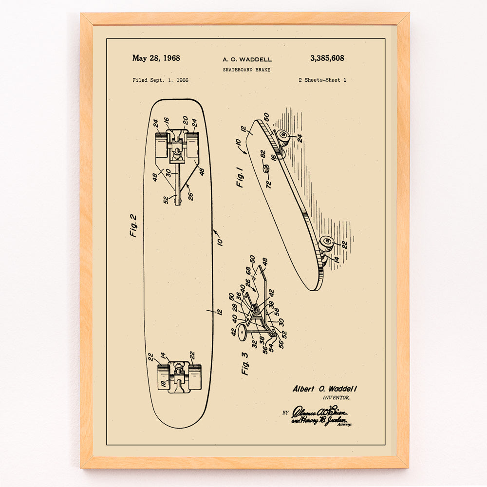 Closeup detail of Technical illustration and poster of skateboard brake concept by artist A O Waddell titled Skate Board Brake Patent featuring labeled technical drawings for wall decor