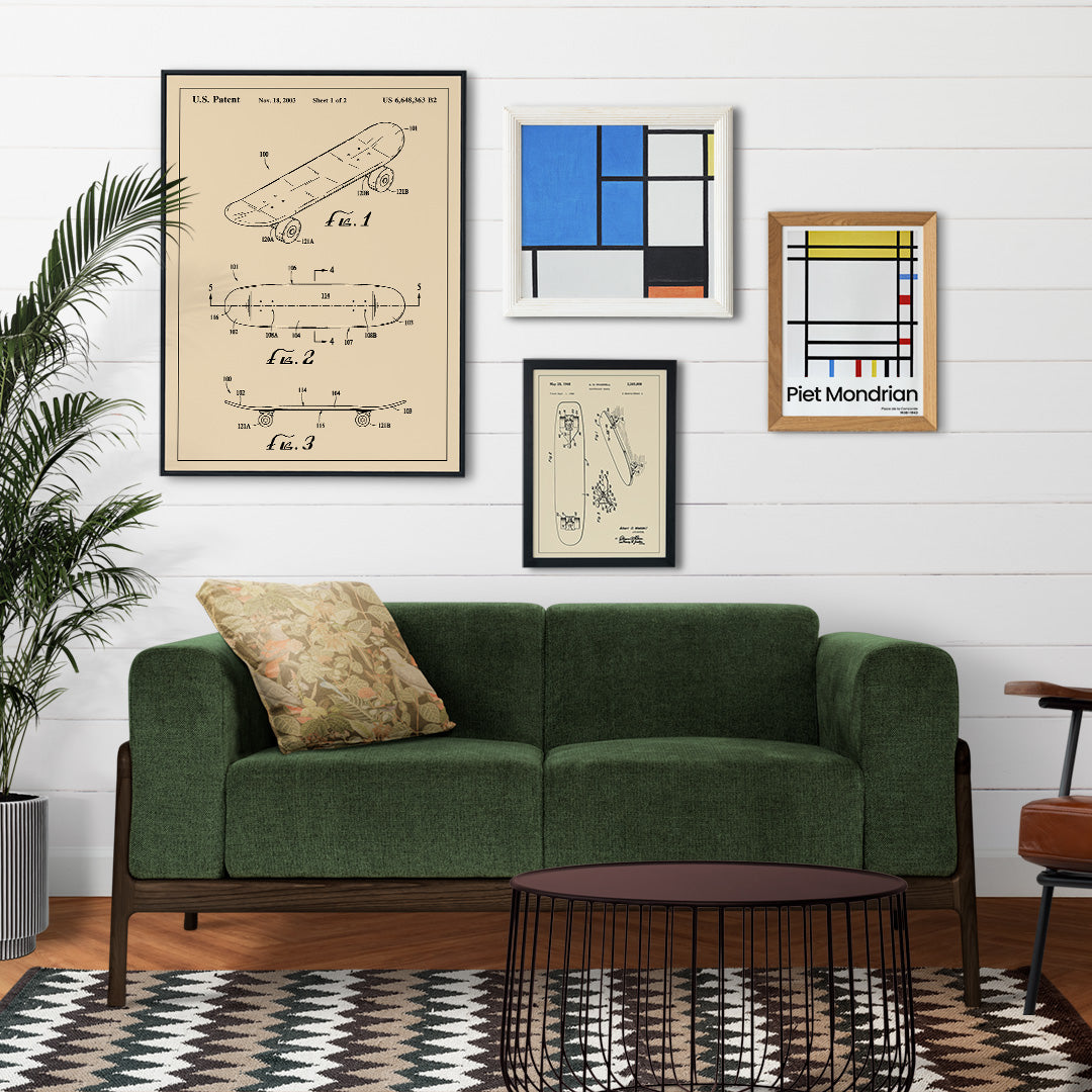 Skateboard patent drawing and technical poster by US Patents ideal wall art decor, framed and displayed in home decor