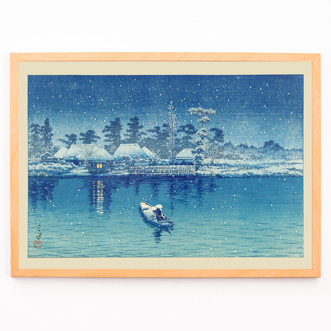 Closeup detail of Snowy riverside village at night with boat and person by Kawase Hasui Ushibori Japanese art poster