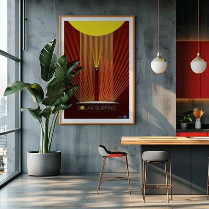 Solar Surfing by NASA poster featuring a stylized spacecraft surfing solar flares from a bright yellow sun with orange rays and geometric design, framed and displayed in home decor