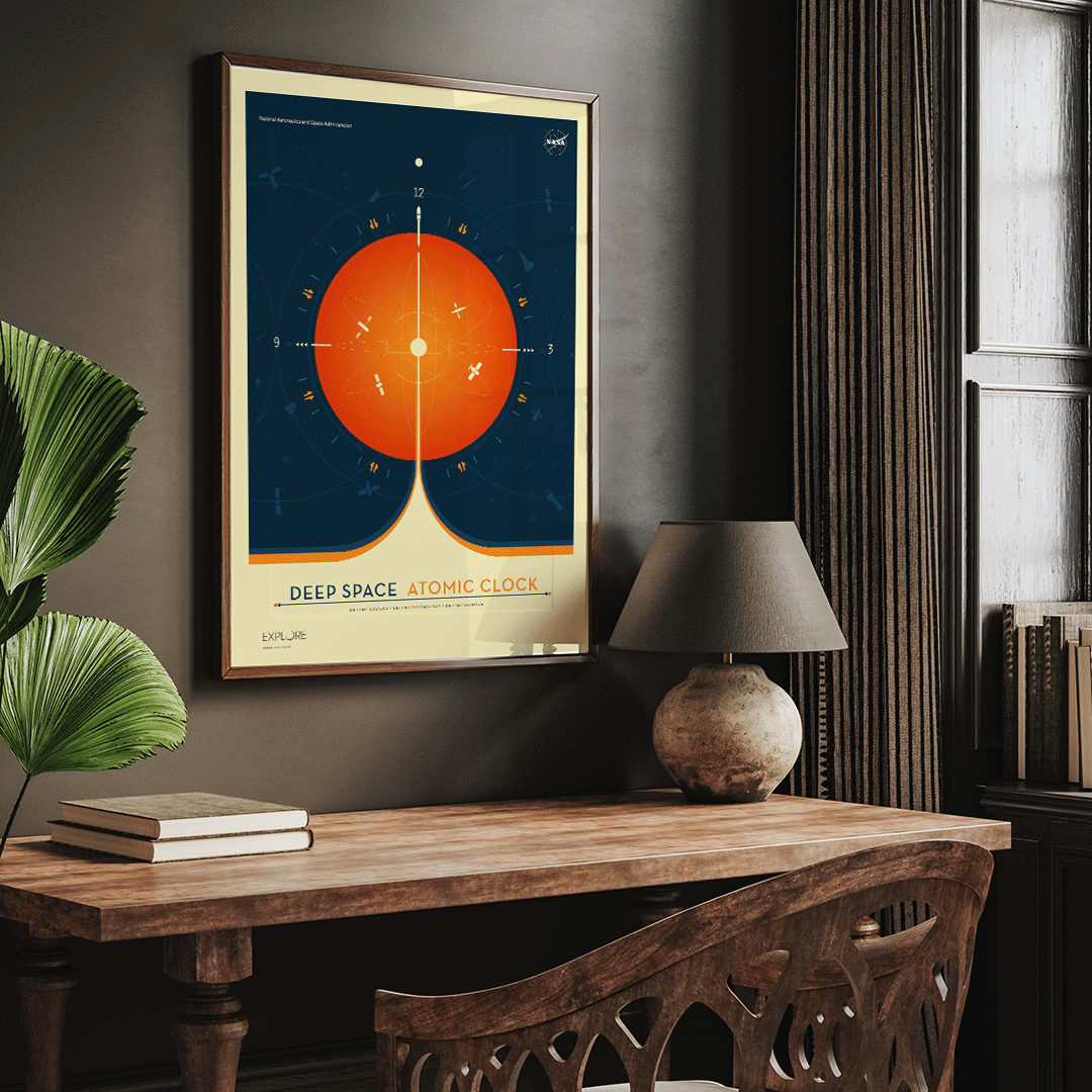 Vibrant orange atomic clock with space elements Deep Space Atomic Clock by NASA modern space artwork, framed and displayed in home decor