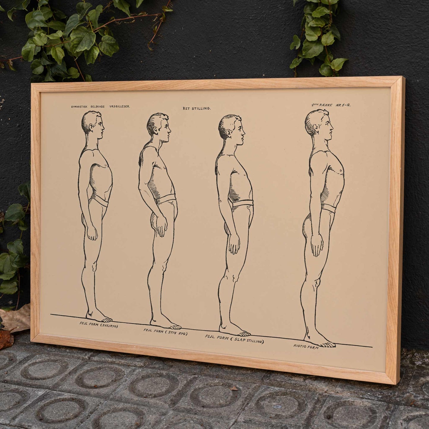 N.C. Roms Standing posture study poster with four side view figures in black line on beige background, framed and displayed in modern living room decor