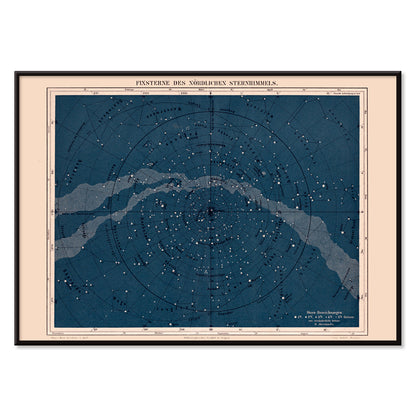 Star map of the Milky Way North Hemisphere by Institute of Liepzig featuring labeled constellations and celestial features, with black aluminium frame on white background