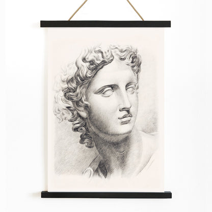 Academy study of a mans head after a plaster cast antique statue by Johannes Tavenraat detailed drawing and poster, with wooden magnetic frame on white background