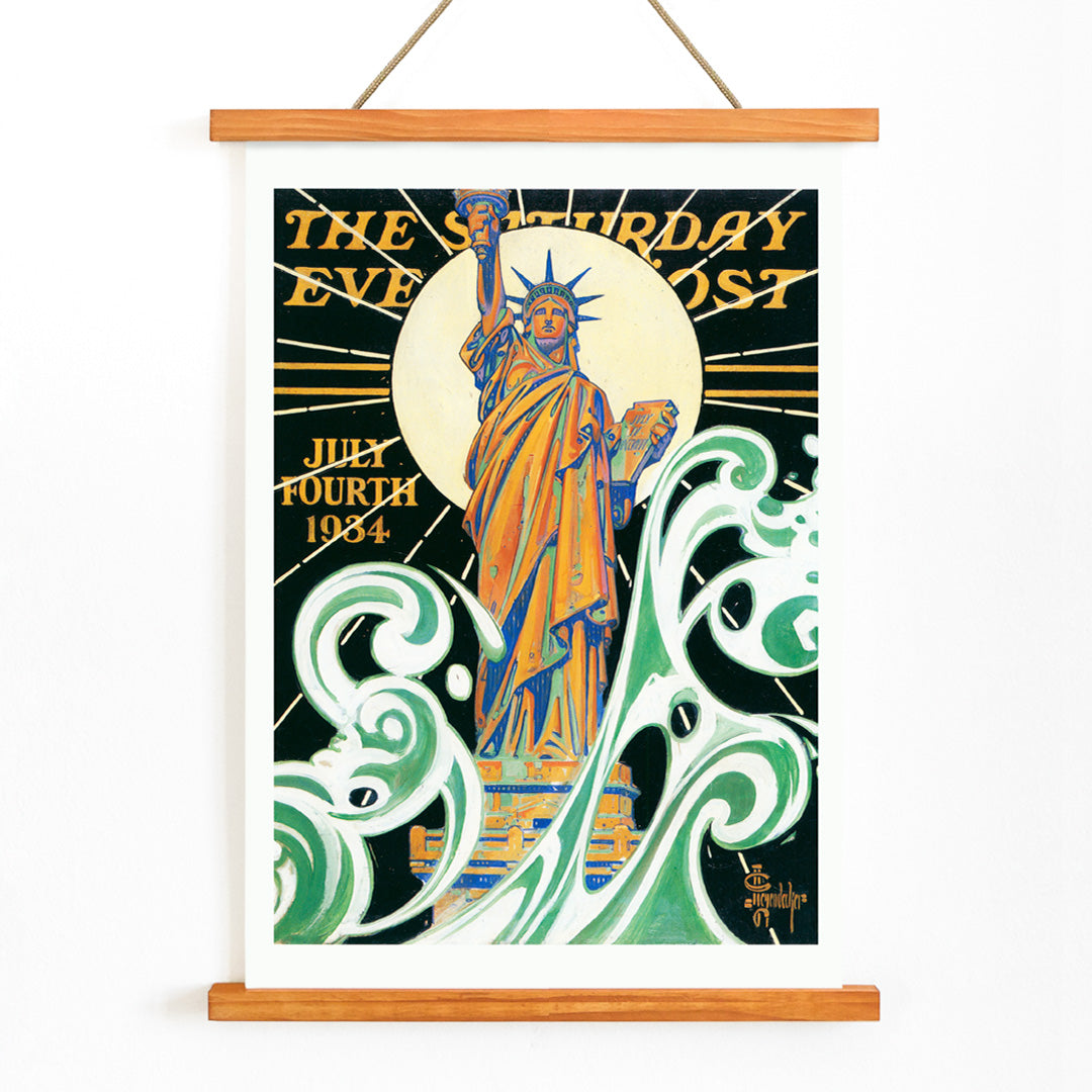 Colorful Statue of Liberty artwork with bold waves and sunburst by J C Leyendecker poster titled Statue of Liberty, with wooden magnetic frame on white background