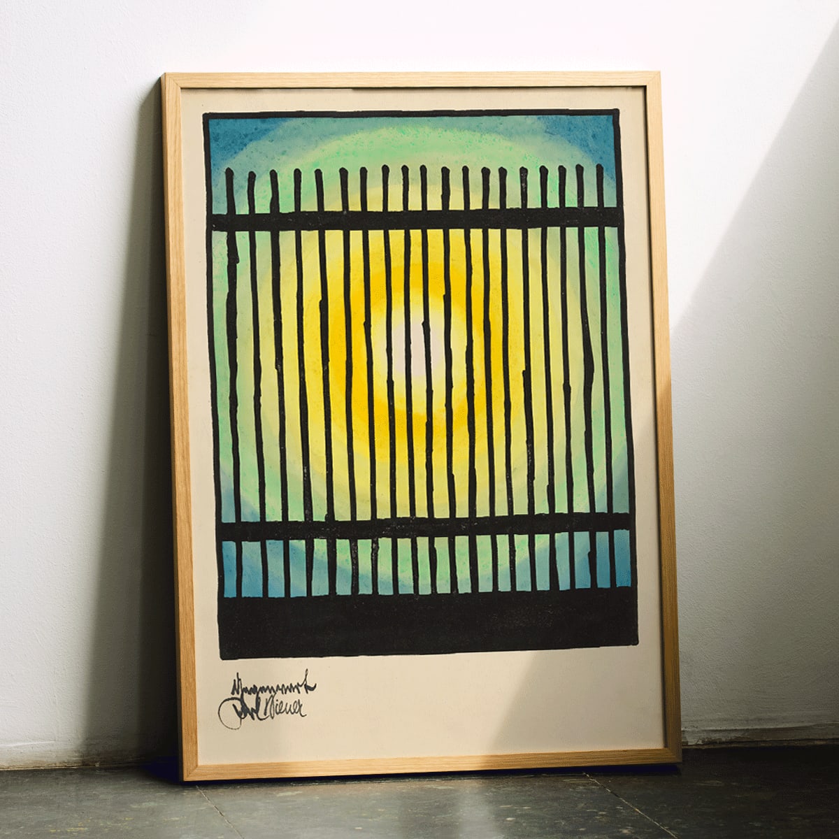 Abstract sun and colorful bars with bright center in Gegenwart artwork by Karl Wiener modern decor poster, framed and displayed in modern living room decor