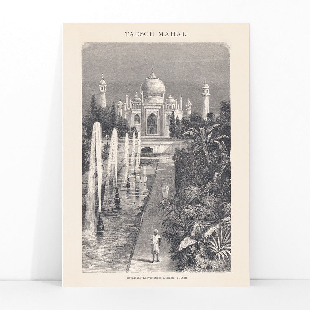 Taj Mahal artwork with fountains and lush gardens by The Institute of Liepzig detailed sketch and poster, framed and displayed in modern living room decor