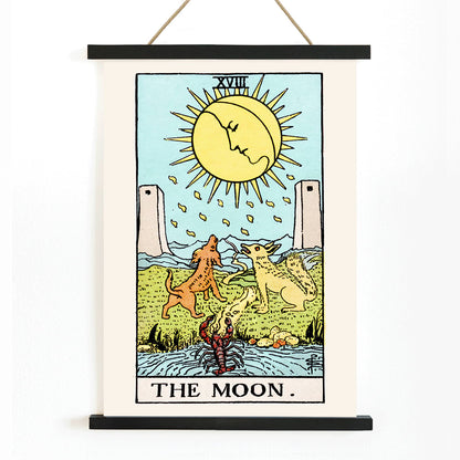 Tarot The Moon by Rider Waite poster featuring celestial moon two towers two dogs and a crayfish in a mystical landscape, with wooden magnetic frame on white background