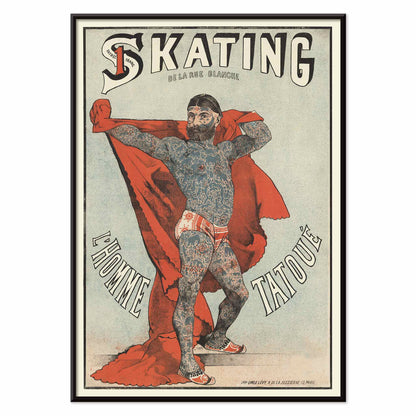 Emile Levy Skating de la Rue Blanche The Tattooed Man vintage lithograph poster with red drape, with black aluminium frame on white background