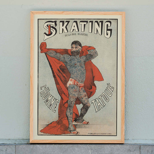 Emile Levy Skating de la Rue Blanche The Tattooed Man vintage lithograph poster with red drape, framed and displayed in home decor