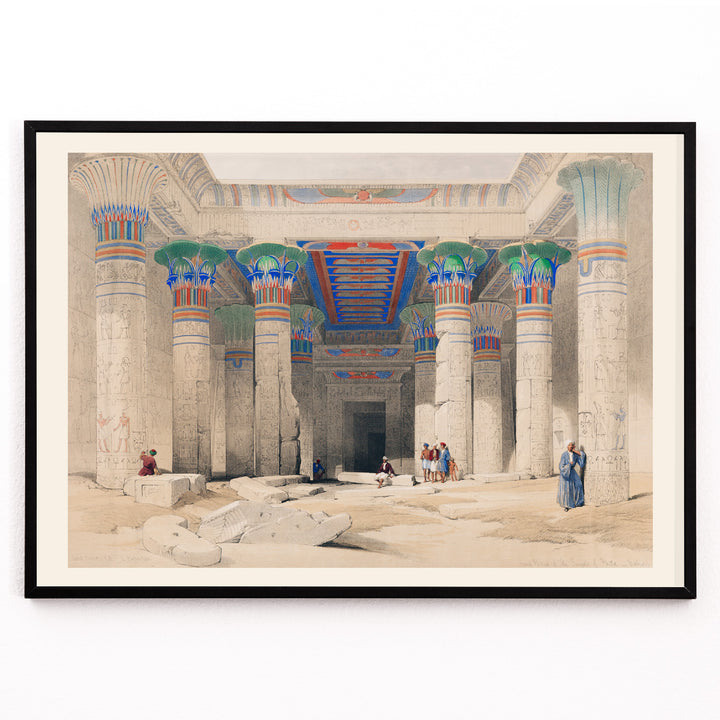 Closeup detail of Colorful columns ancient ruins and Egyptian temple pillars with people in Grand Portico of the Temple of Philae by David Roberts
