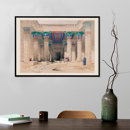 Colorful columns ancient ruins and Egyptian temple pillars with people in Grand Portico of the Temple of Philae by David Roberts, framed and displayed in home decor