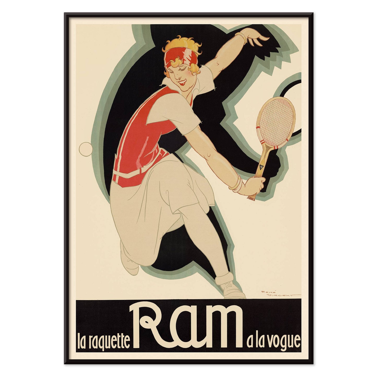 René Vincent La raquette Ram a la vogue vintage poster featuring a tennis player with racquet in red and cream, with black aluminium frame on white background