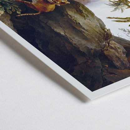 Closeup detail of Tiger in a Cave painting by Jacques Laurent Agasse showing a tiger standing in a cave entrance surrounded by lush vegetation