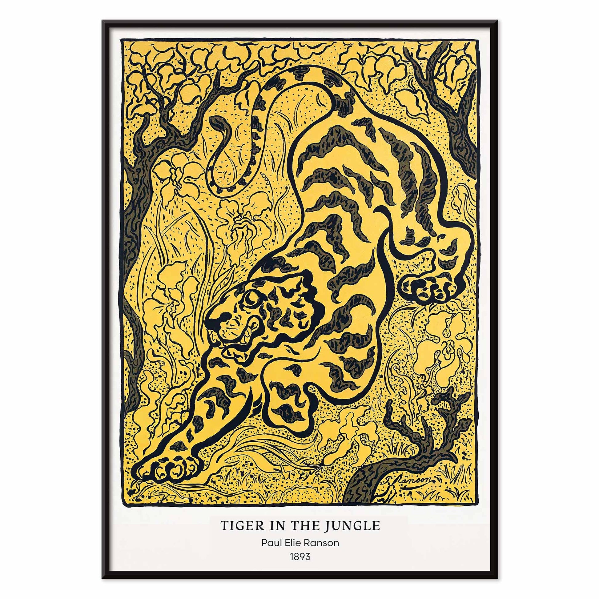 Tiger in the Jungle by Paul Ranson stylized illustration and poster of a tiger prowling through dense jungle foliage, with black aluminium frame on white background