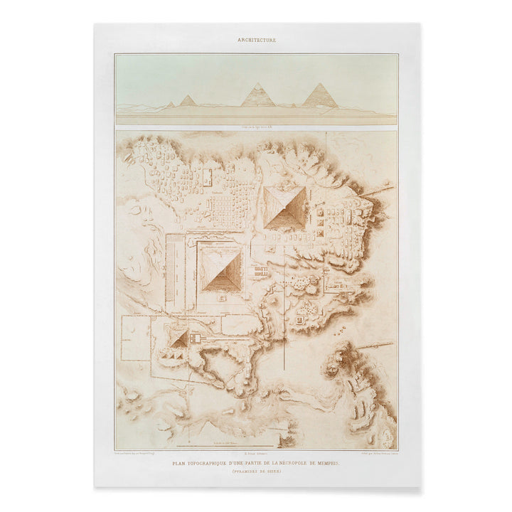 Topographic map of the Giza pyramids and Memphite Necropolis by Emile Prisse dAvennes from Histoire de lart egyptien, with black aluminium frame on white background