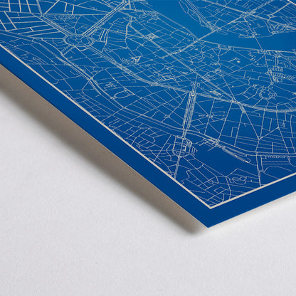 Closeup detail of Blue and white minimalist map of Toulouse poster with white building silhouettes at the bottom modern wall art titled Minimalist Toulouse Map