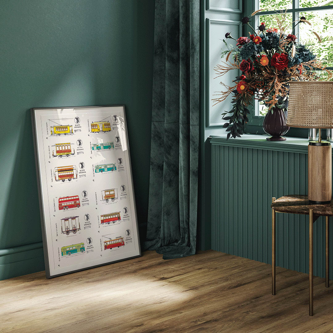 Vintage Barcelona bus and tram tickets poster with colorful illustrations from Compania de Tranvia de Barcelona Billetes de Bus de Barcelona, framed and displayed in home decor