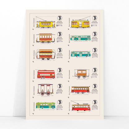 Vintage Barcelona bus and tram tickets poster with colorful illustrations from Compania de Tranvia de Barcelona Billetes de Bus de Barcelona, framed and displayed in modern living room decor
