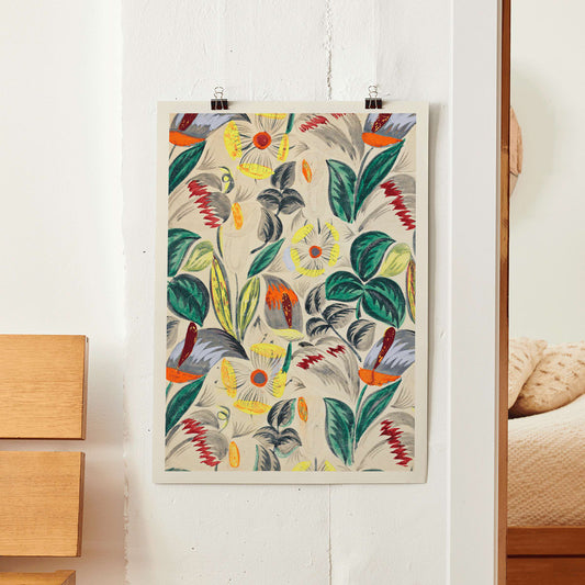 Vibrant tropical flowers and lush greenery textile design pattern titled Tropical Flowers II colorful foliage and blossoms poster, framed and displayed in home decor