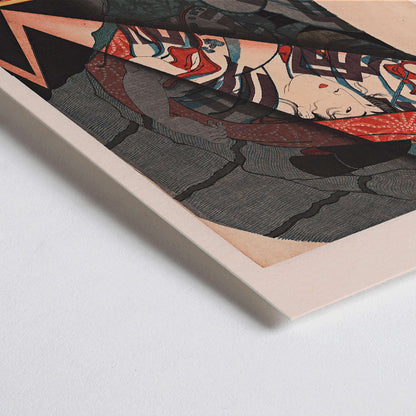 Closeup detail of Person taking shelter under a patterned cloth during a thunderstorm in the evening by Utagawa Sadahide Japanese art poster