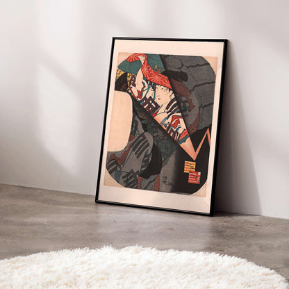 Person taking shelter under a patterned cloth during a thunderstorm in the evening by Utagawa Sadahide Japanese art poster, framed and displayed in modern living room decor