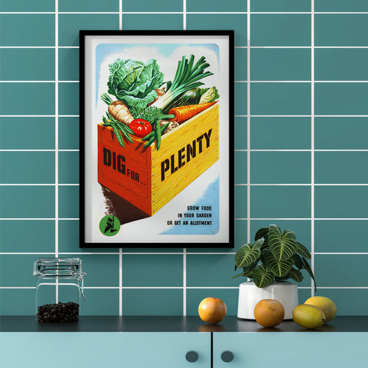 Vintage poster of a crate of fresh garden vegetables with text Dig for Plenty promoting self-sufficiency artwork by Mary Le Bon, framed and displayed in home decor