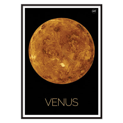 Planet Venus illustration and poster by NASA showing a detailed orange and brown view of the planet on a black background, with black aluminium frame on white background