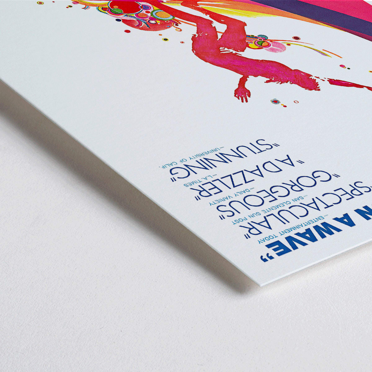 Closeup detail of Pacific Vibrations surfing documentary poster by John Severson featuring colorful surfer illustrations and a surfer riding a wave