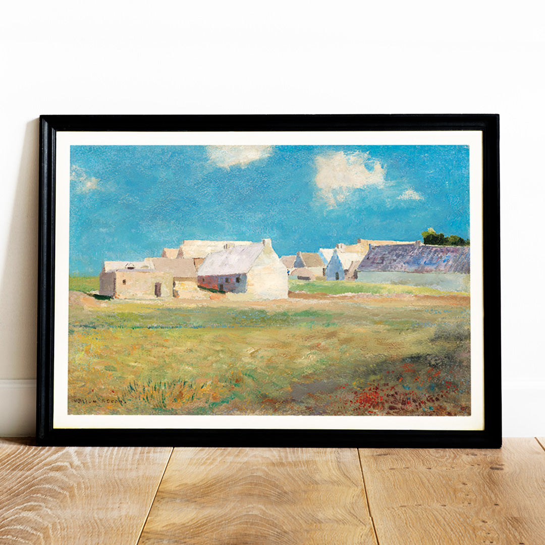 Breton Village by Odilon Redon rural landscape poster with houses blue sky and open grassy fields, framed and displayed in home decor