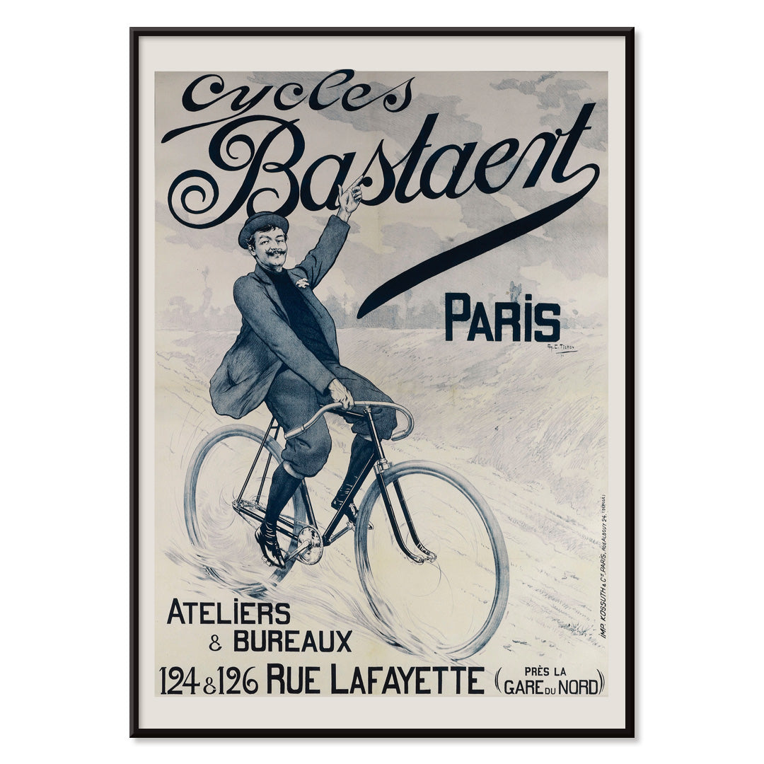 Vintage bicycle poster joyful man riding and waving on Cycles Bastaent Paris bike artwork by Charles Tichon, with black aluminium frame on white background