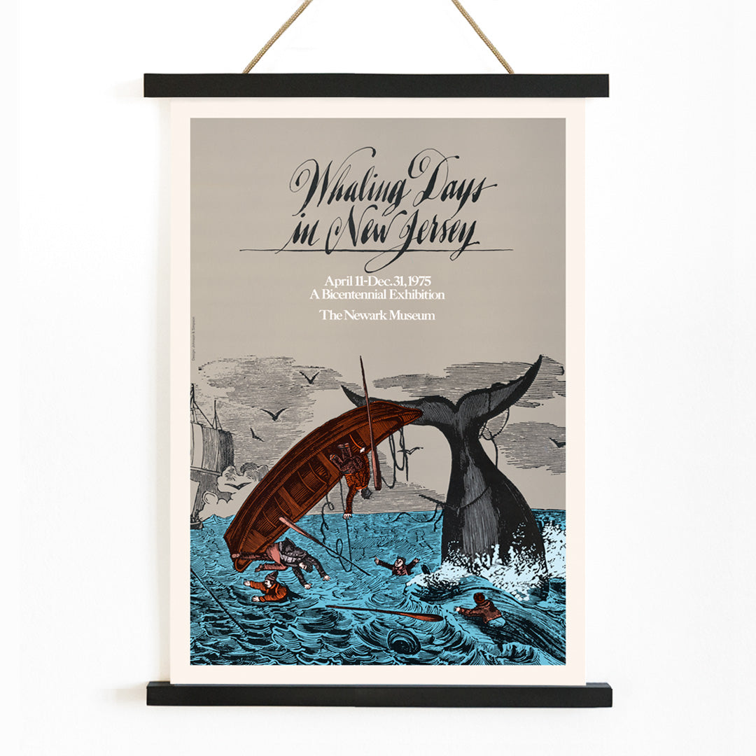 Dramatic whaling scene and men falling from boat near whale tail by The Newark Museum Whaling Days New Jersey, with wooden magnetic frame on white background