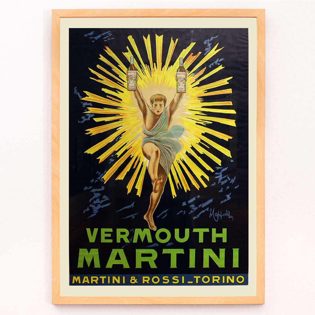 Closeup detail of Vintage advertising poster of Vermouth Martini by Leonetto Cappiello featuring a vibrant figure holding bottles with yellow rays burst in the background
