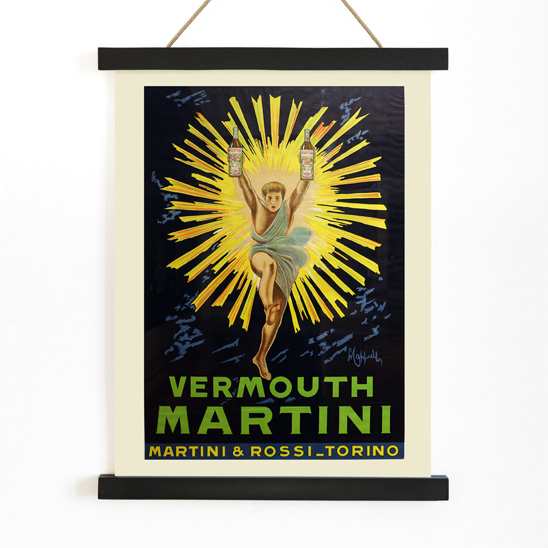 Vintage advertising poster of Vermouth Martini by Leonetto Cappiello featuring a vibrant figure holding bottles with yellow rays burst in the background, with wooden magnetic frame on white background