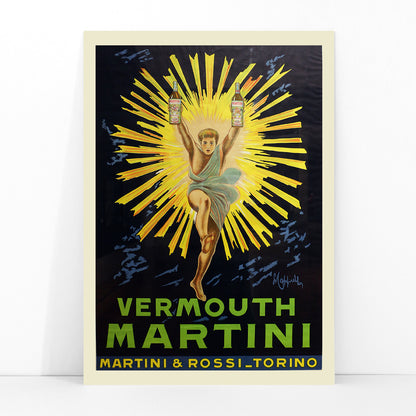 Vintage advertising poster of Vermouth Martini by Leonetto Cappiello featuring a vibrant figure holding bottles with yellow rays burst in the background, framed and displayed in modern living room decor