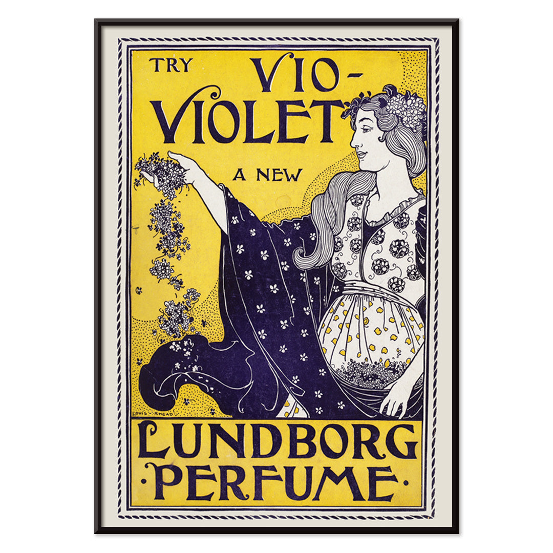 Art Nouveau perfume poster by Louis Rhead featuring a woman holding flowers with floral motifs, with black aluminium frame on white background