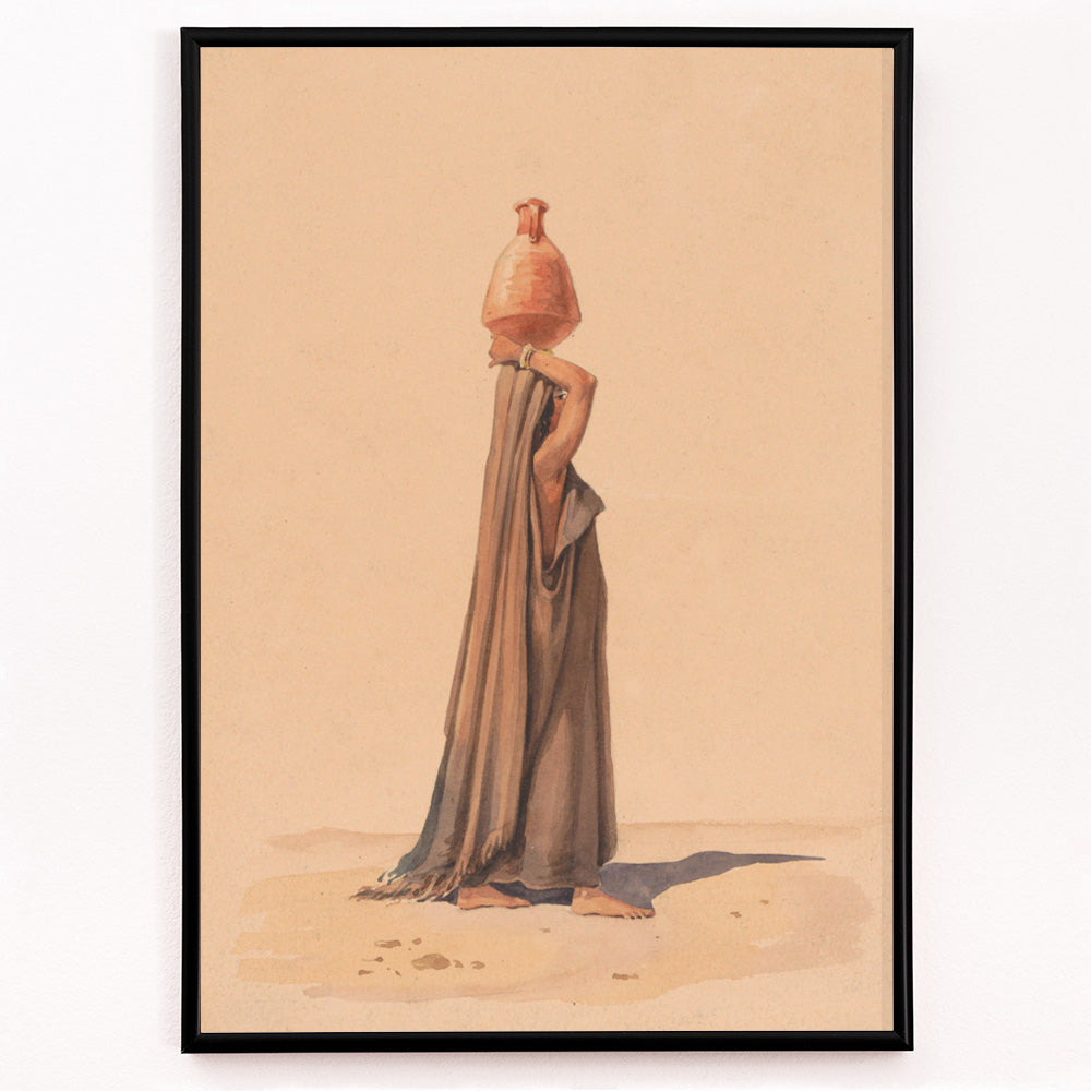 Closeup detail of Water carrier by Emile Prisse dAvennes woman in traditional attire carrying water jug on head in desert scene artwork