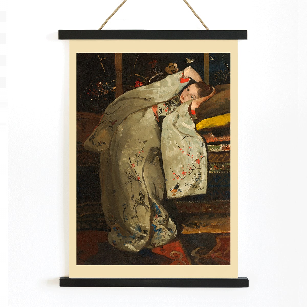 Girl in a white kimono resting on a couch artwork by George Hendrik Breitner painting poster, with wooden magnetic frame on white background