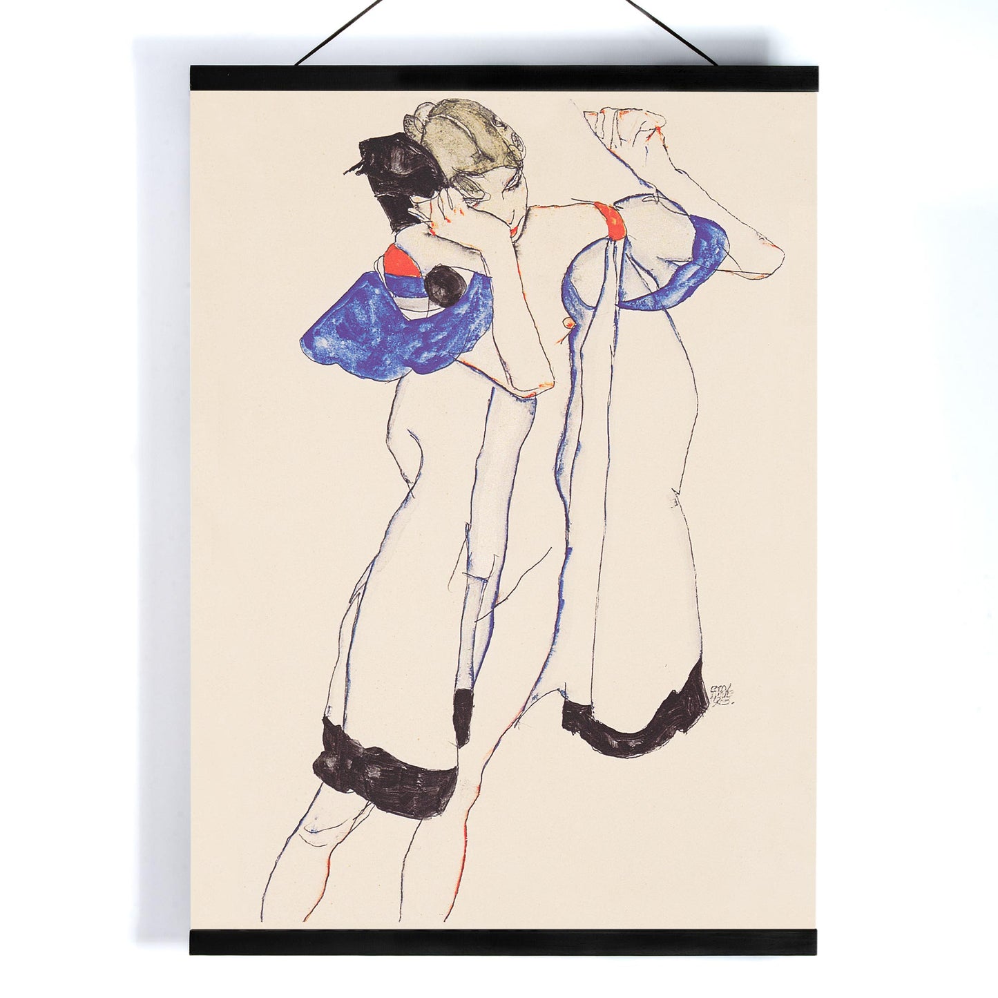 Egon Schiele Woman in a Morning Robe poster with delicate expressionist figure in white blue and black on beige background, with wooden magnetic frame on white background