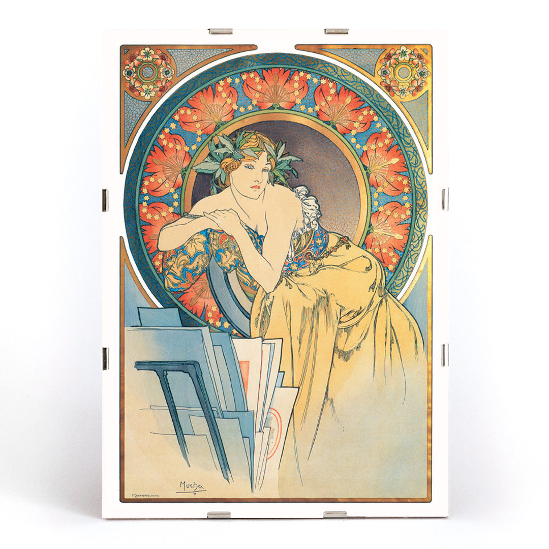 Art Nouveau woman with poppies by Alphonse Mucha vintage illustration poster, framed and displayed in modern living room decor