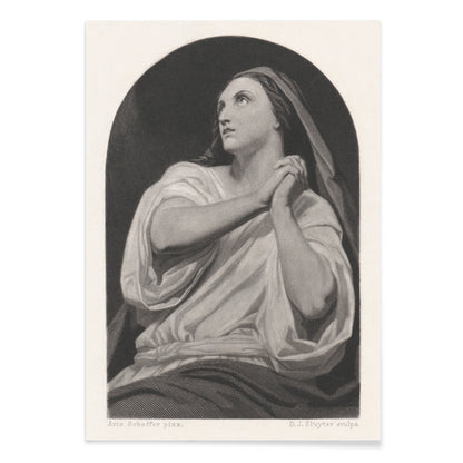 Black and white artwork of a praying woman with folded hands and serene expression by Dirk Jurriaan Sluyter, with black aluminium frame on white background