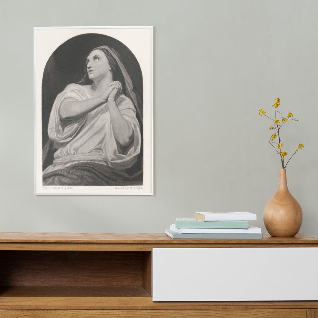 Black and white artwork of a praying woman with folded hands and serene expression by Dirk Jurriaan Sluyter, framed and displayed in home decor