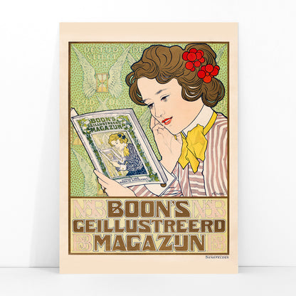 Art Nouveau poster of a woman reading Boon Magazine by Johann Georg van Caspel with decorative floral details, framed and displayed in modern living room decor