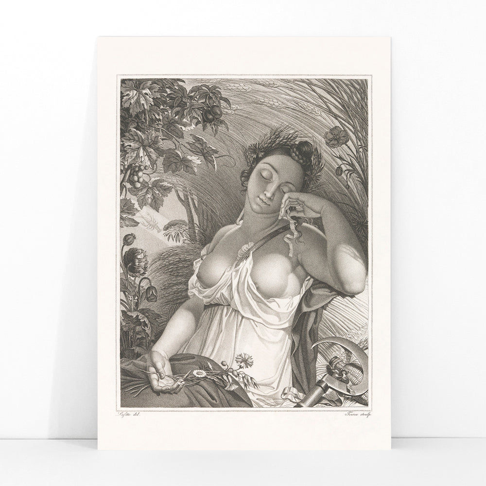 Sleeping Woman by Salvatore Tresca serene woman sleeping in a lush natural setting with flowers and wheat poster, framed and displayed in modern living room decor
