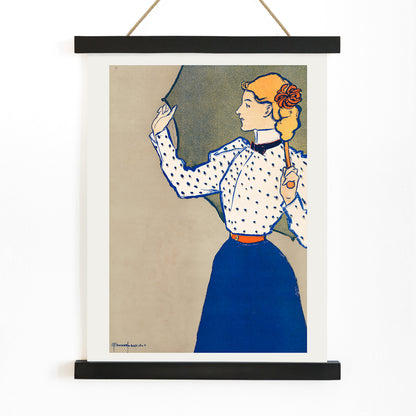Woman holding umbrella in vintage fashion polka dot blouse and blue skirt artwork by Edward Penfield, with wooden magnetic frame on white background