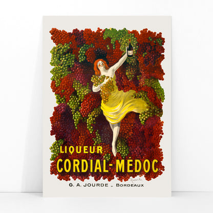 Liquor Cordial-Médoc poster by Leonetto Cappiello showing a woman in a yellow dress surrounded by colorful grapes holding a bottle, framed and displayed in modern living room decor