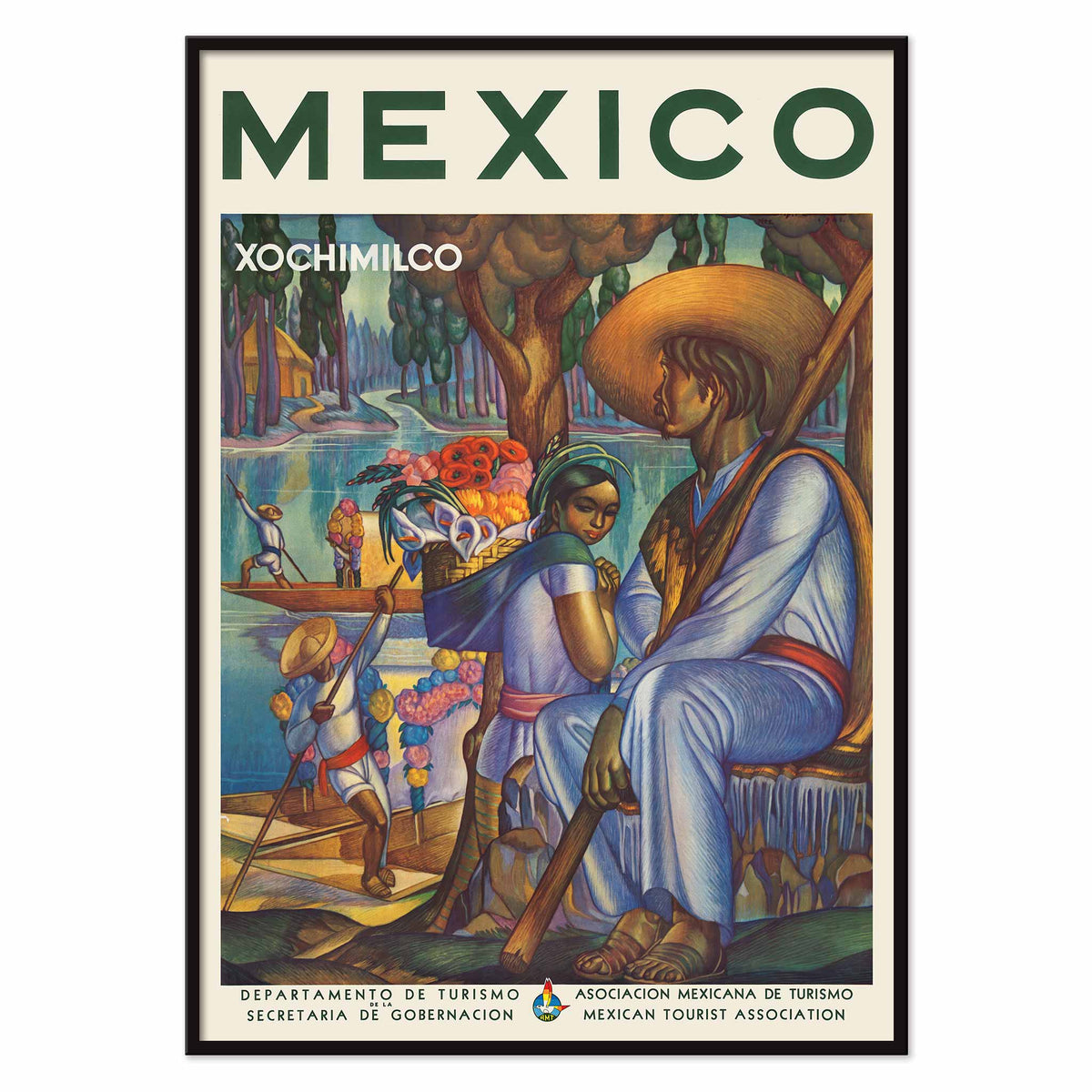 Xochimilco poster with canal boats, flower vendors, and local travelers beneath trees in vivid green, blue, orange, and red, with black aluminium frame on white background