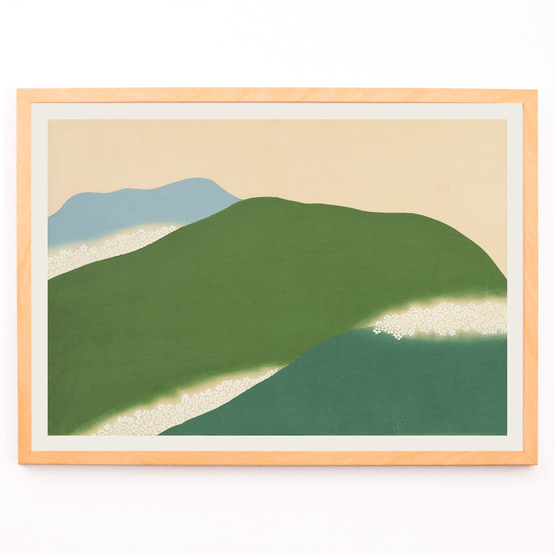 Landscape painting and poster of abstract green and blue hills Yoshino by Kamisaka Sekka, framed and displayed in modern living room decor